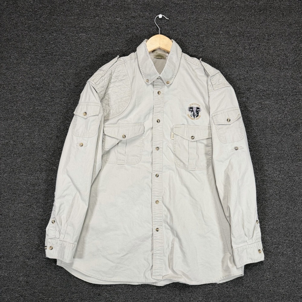 Vintage TAG Shooting Shirt Mens XL Beige Hunting Pockets Dallas Safari Club